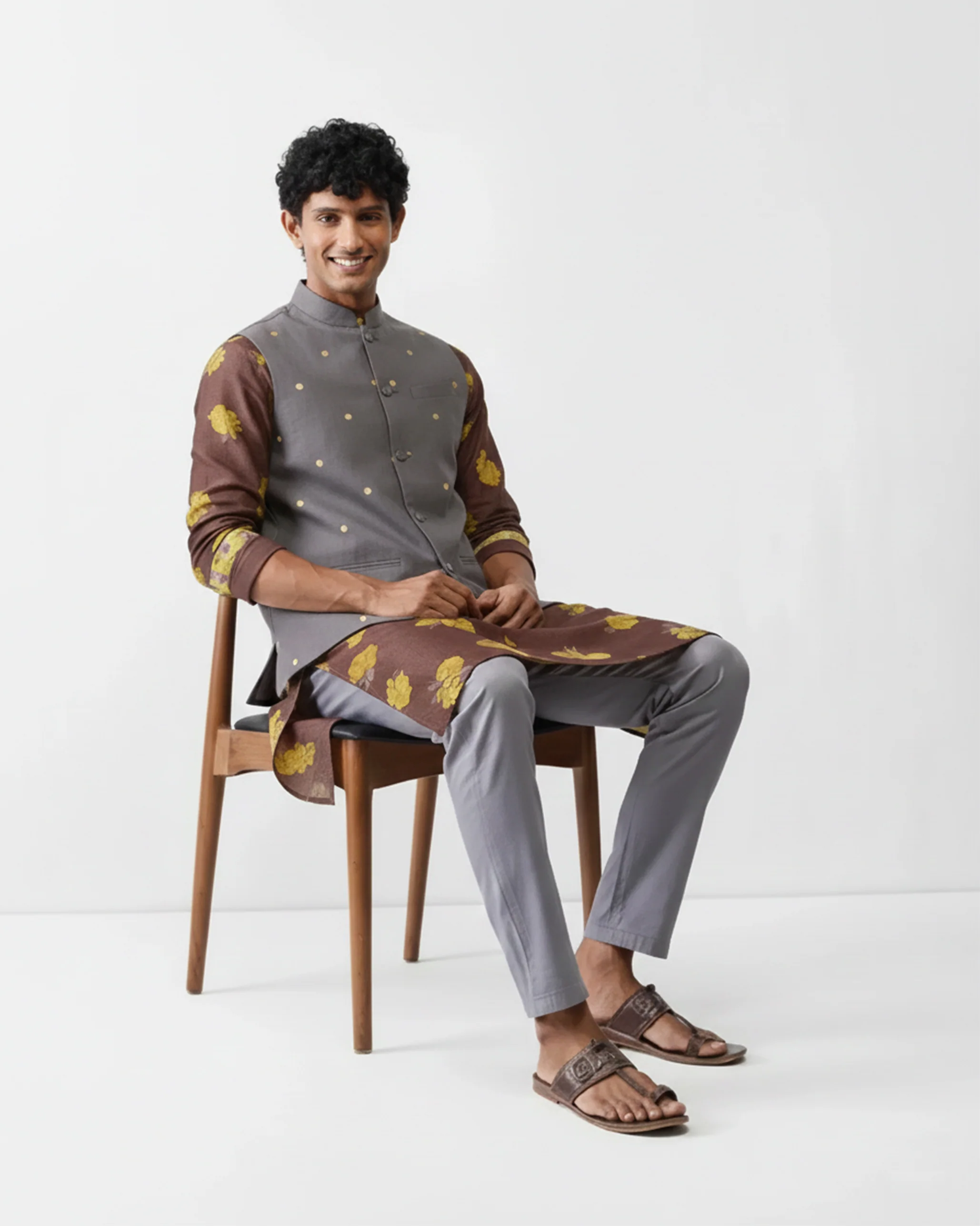 Nehru Jacket - Charcoal & Gold Embroidered - Image 5