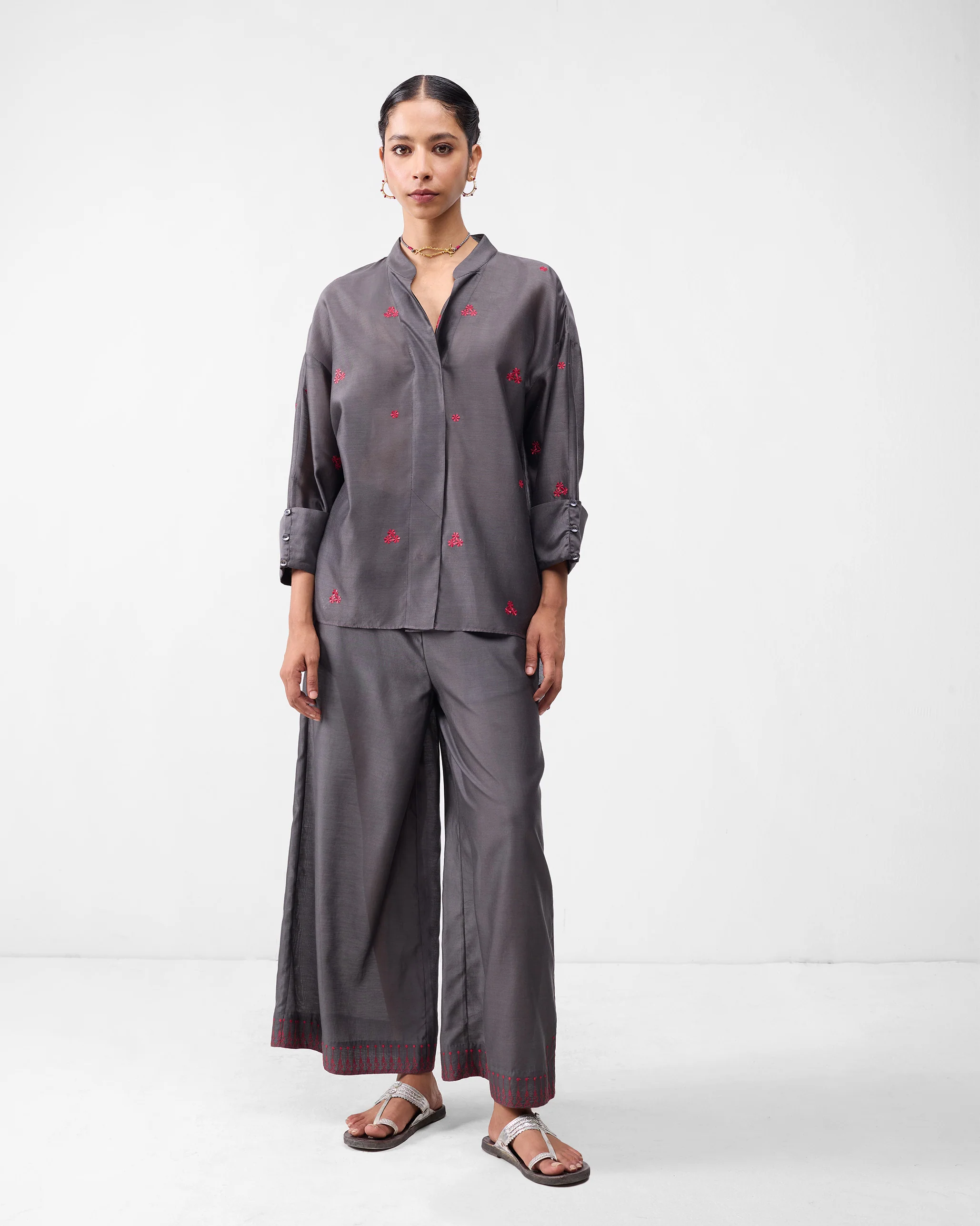 Basic Pyjamas - Charcoal & Watermelon Embroidered - Image 6