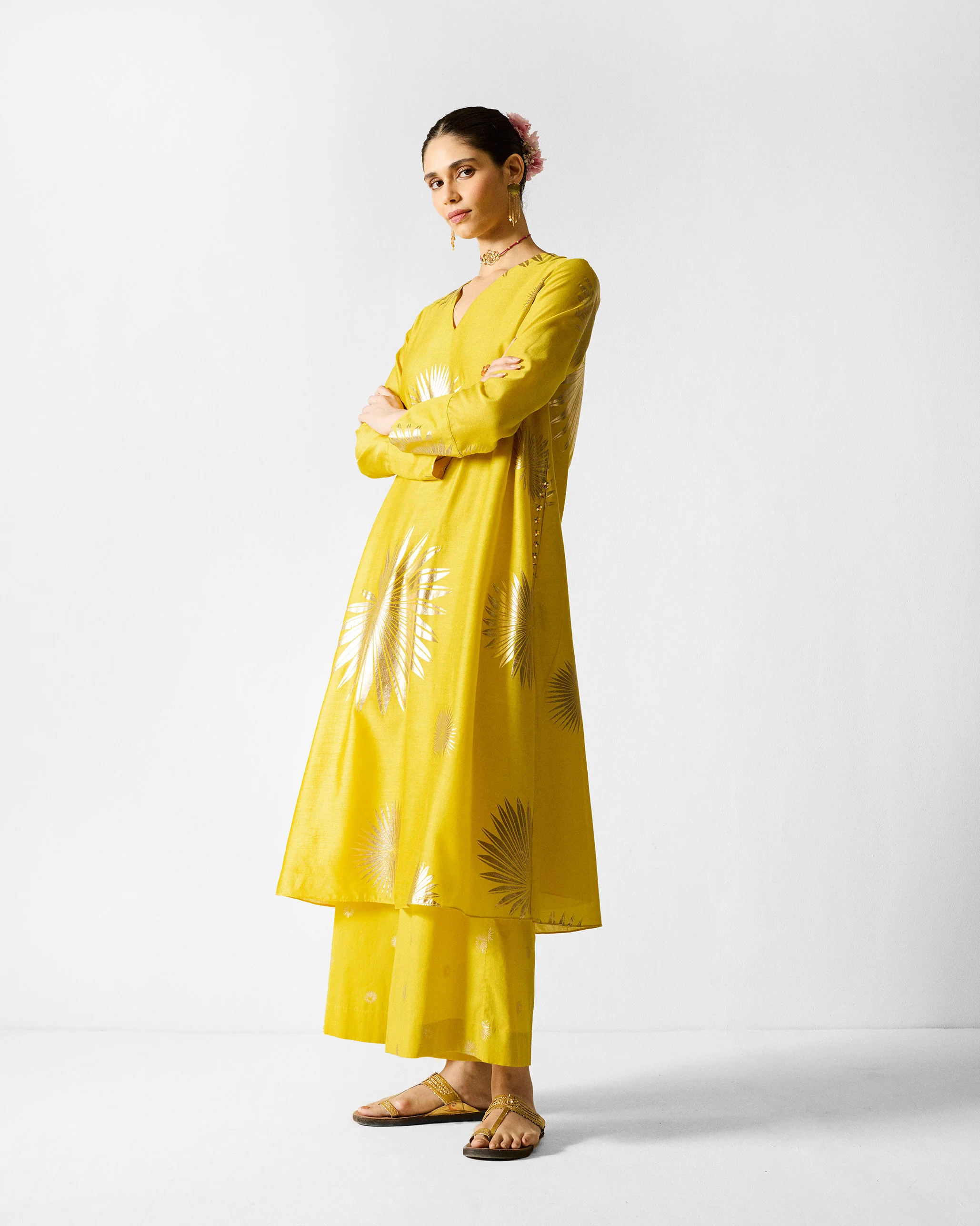 V-Neck Flared Kurta - Chartreuse & Gold Printed - Image 2