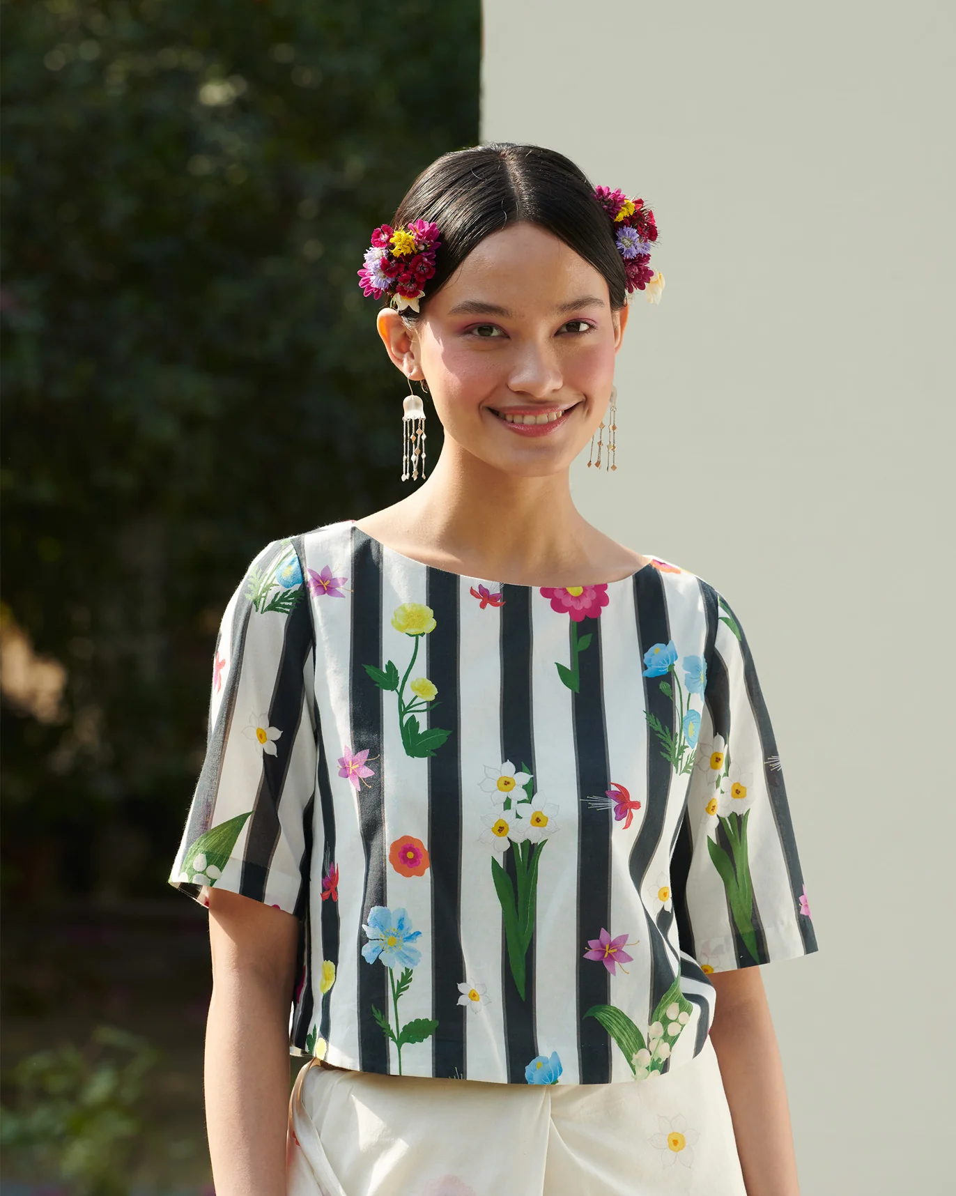 Boat Neck Blouse - White & Black