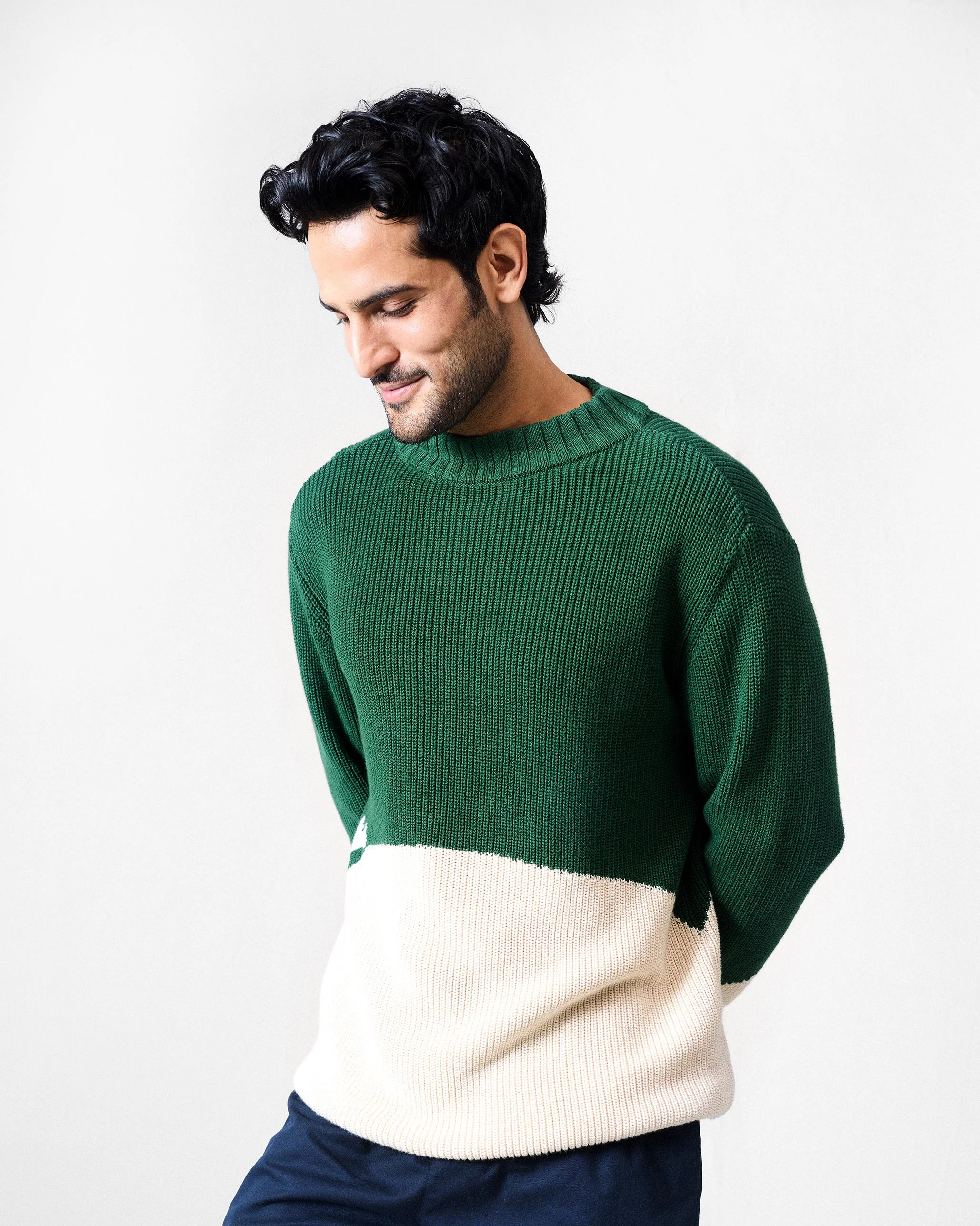 Crew Neck Sweater - Green & Ivory