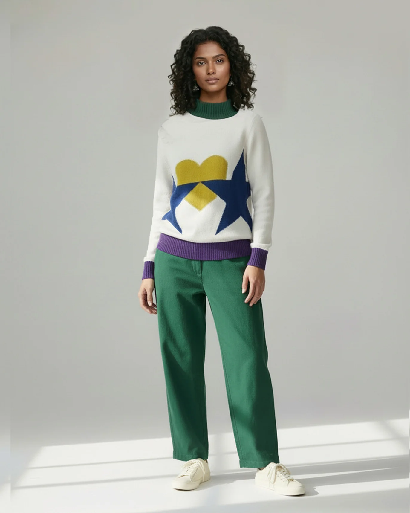 Crew Neck Sweater - Ivory & Navy