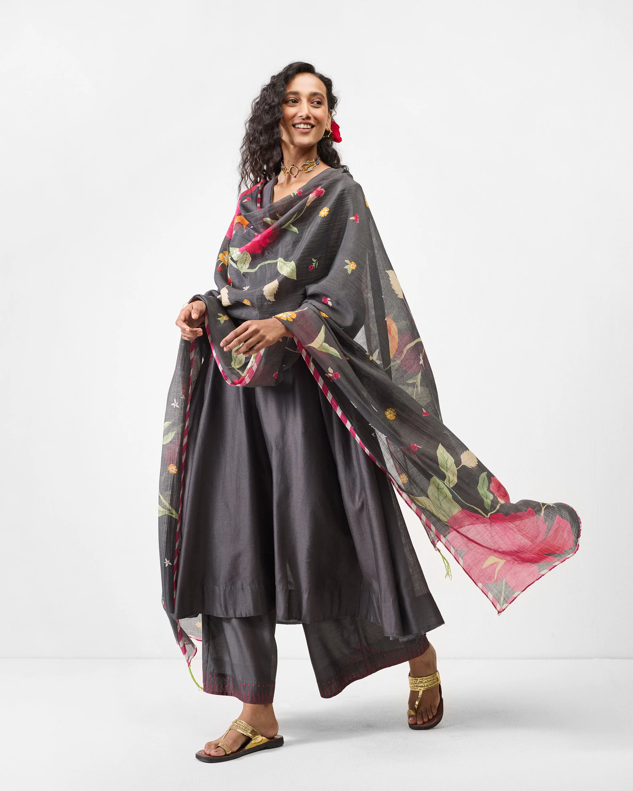 Kaveri Dupatta - Charcoal & Watermelon Print - Image 2