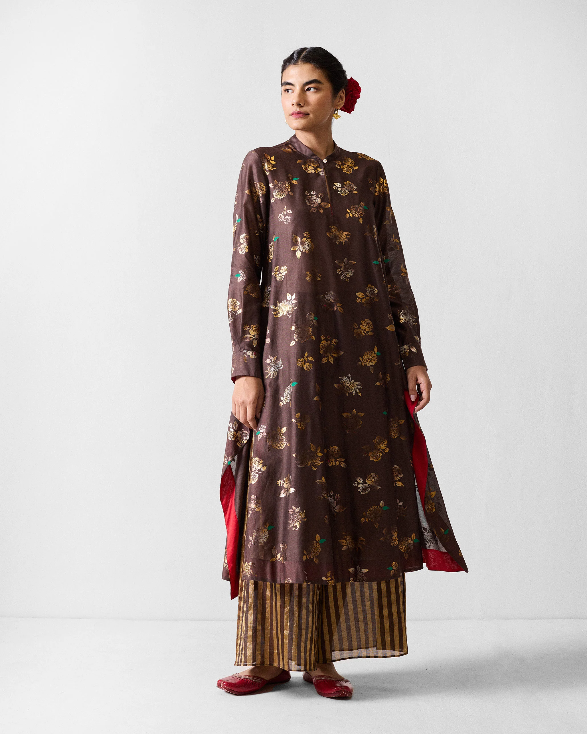 Kovai Kurta - Chocolate Brown & Gold Printed - Image 6