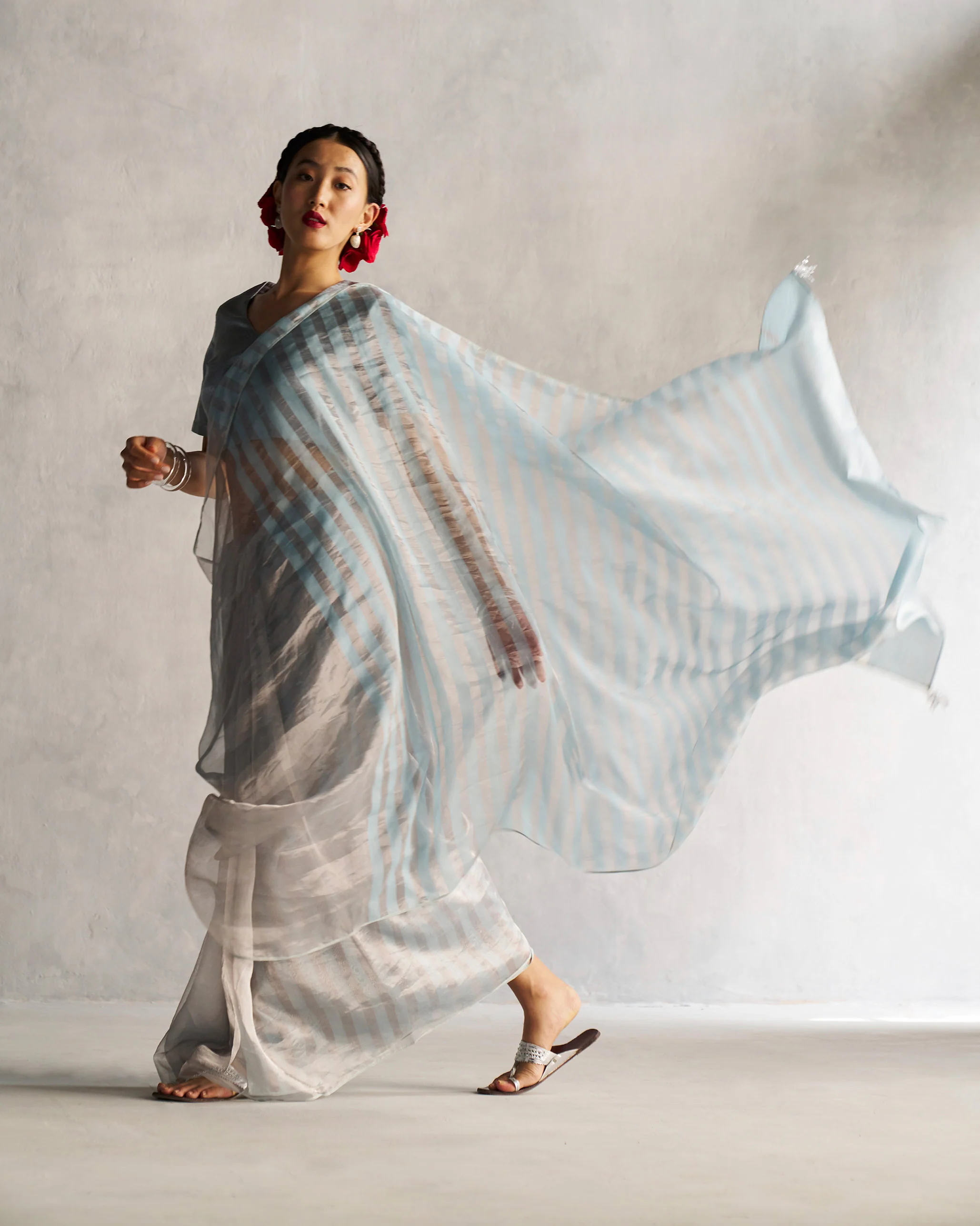Zari Stripe Sari - Silver & Blue - Image 2